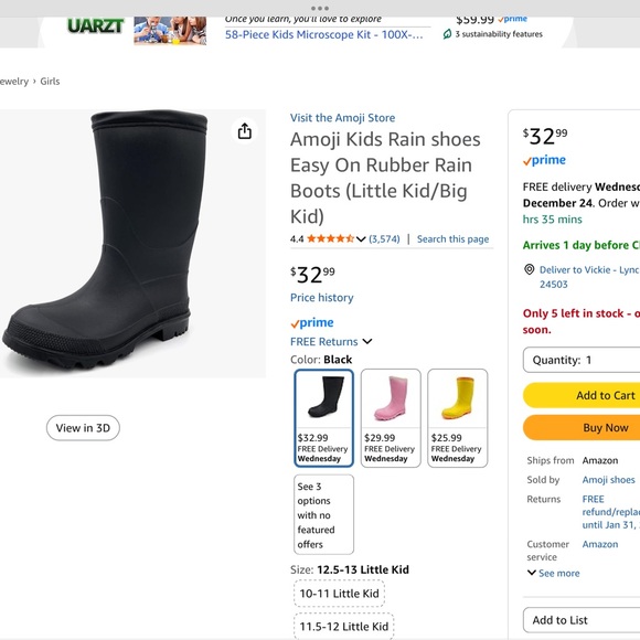 New in Box Black Amoji Rubber Boots, Big Boys Size 28.0 - Picture 3 of 12